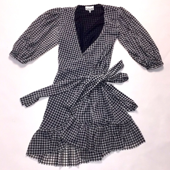 GANNI Ruffle-trimmed gingham mini wrap dress 34 - Picture 9 of 13